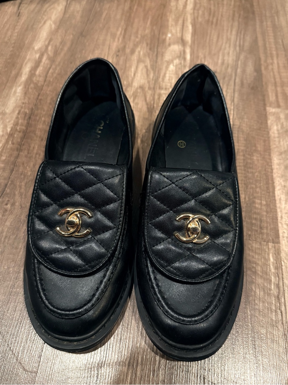 Authentic Chanel Lambskin Quilted CC Turnlock Loafers
